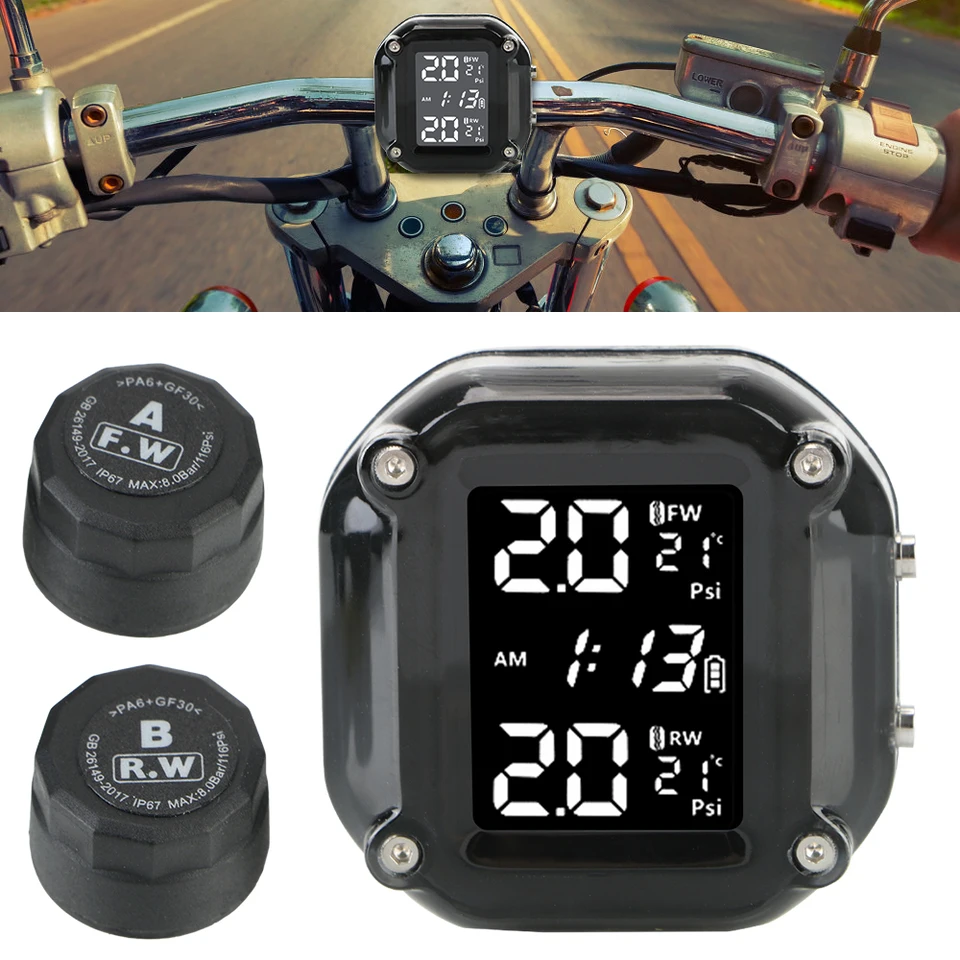 Motocykel TPMS snímač LCD displej pneumatiky Motor Motor Monitorovanie teploty Monitorovanie Alarmu s 2 externými senzormi USB nabíjanie USB