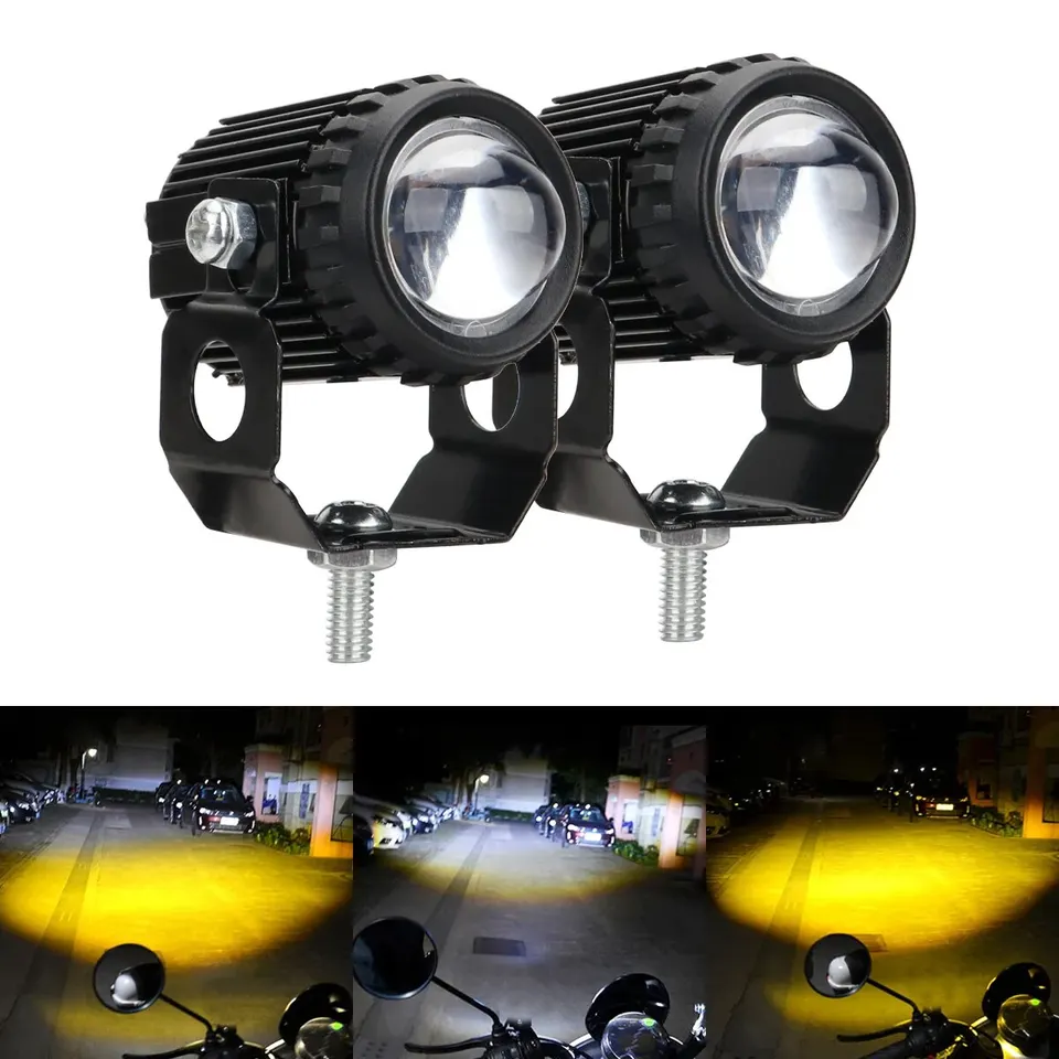 Motocyklová LED objektív Spotlight Dvojfarebný vysoký nízky lúč vonkajší svetlomet Auxiliary Fog Light Moto Hnacím svetlom