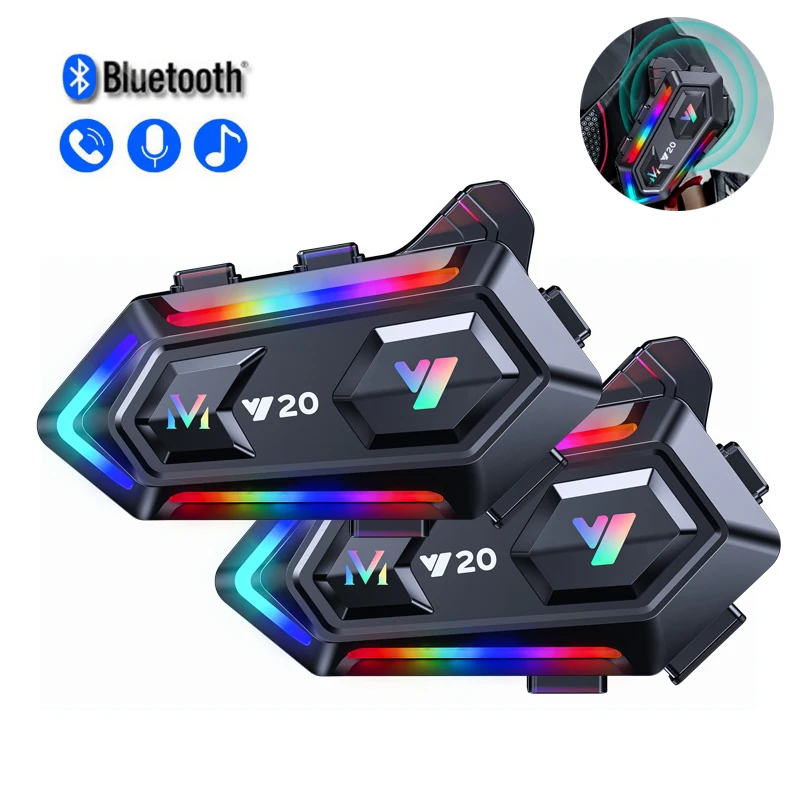 Motocyklová prilba náhlavná súprava Y20 Bluetooth Wireless Motor Cycling pre slúchadlá Handfree Handfree Call Call Kit nepremokavá slúchadlá so svetlom RGB