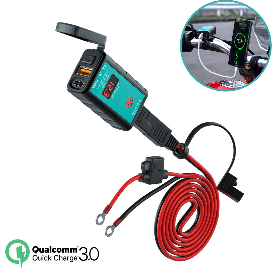 Motocyklové duálne porty USB a Type-C Fast Charger, QC3.0, IP66 nepremokavé, 12V-24V Voltmeter, prepínač ON/OFF, pre telefóny a tablety