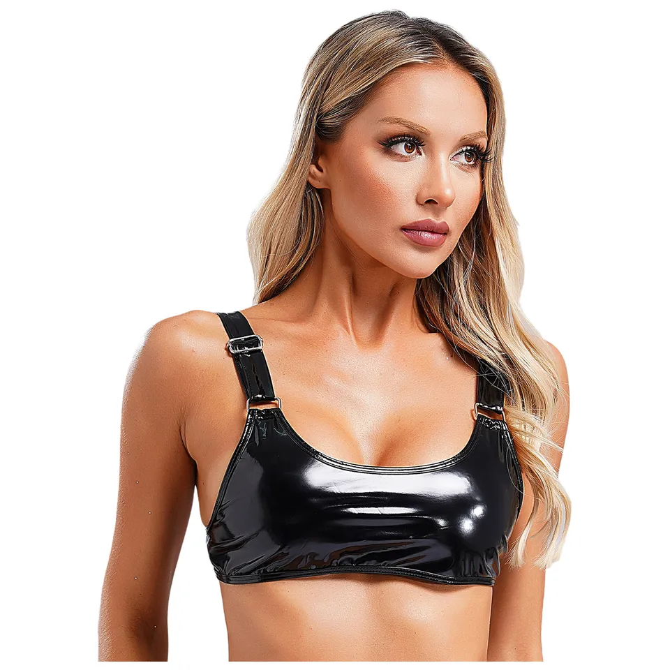 Motocyklové kožené plodiny topánky Ženy spodná bielizeň Wetlook Sexy koža bezdrôtové bezdrôtové Pad podprsenky pre rašes