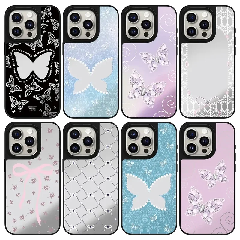 Motýfly bowknot zrkadlo magnetické puzdro pre puzdro pre iPhone 12 13 14 15 16 pro maximálne puzdro pre iPhone 16 Pro Max