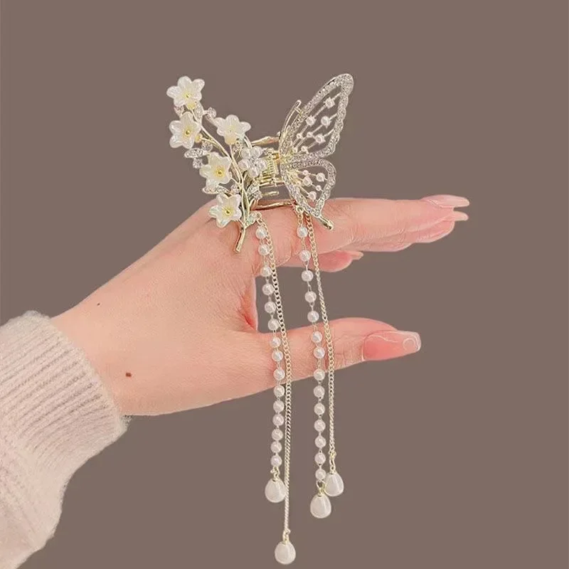 Motýľ Tassel Pearl Hair Claw Red Flower Festival Hairpin pre dievčatá pre dievčatá Splátky Klipy Krab Dámske módne doplnky Darčeky