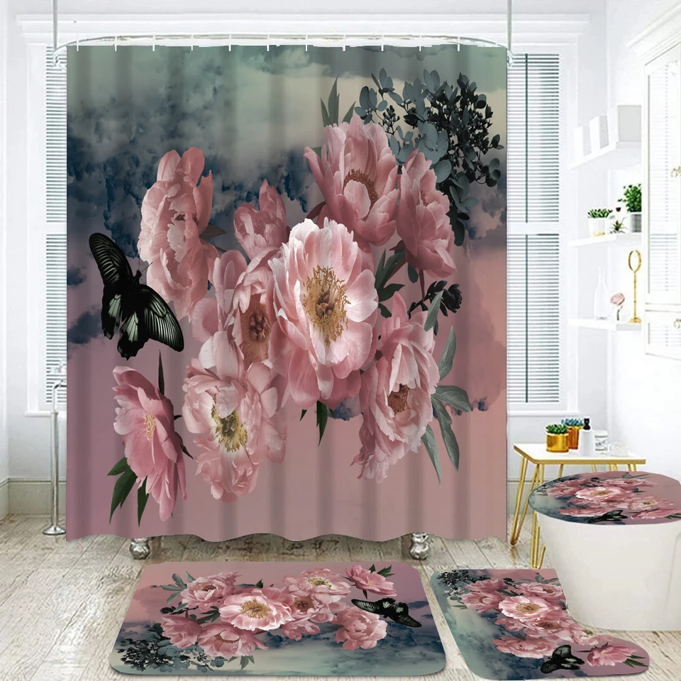 Motýľové kvety sprchové záclony kvetinové dekorácie pre kúpeľňu Polyester tkanina dekoratívna vaňa na obrazovku toaletný kryt koberce WC Sety