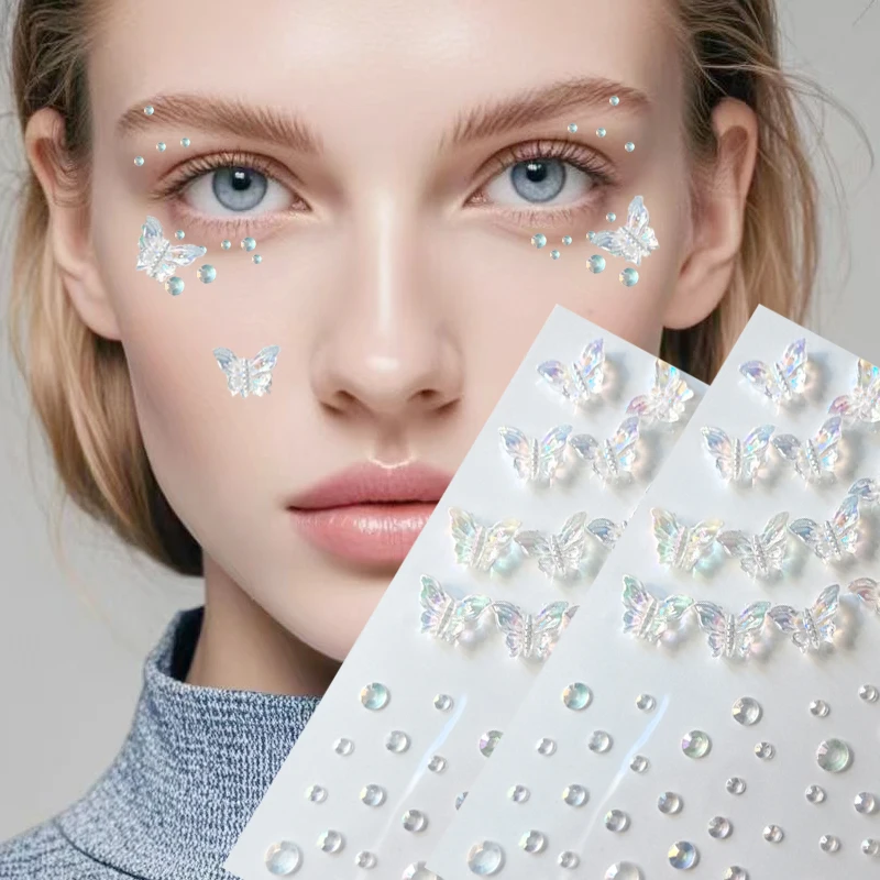 Motýľové stereofónne slepky na make -up sviatočné večierok Y2K Hudobný festival diy oči tvárou klenoty nálepky tanečné svadobné falošné tetovanie