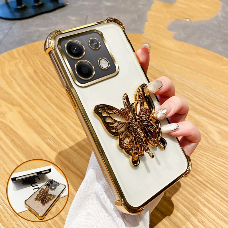 Motýľový držiak na držiak na držiak na Plating Pase pre puzdro pre Xiaomi Redmi Poznámka 13 14 12 11S 10S 10s Pro Plus 4G 5G Shock -odolný kryt stojan