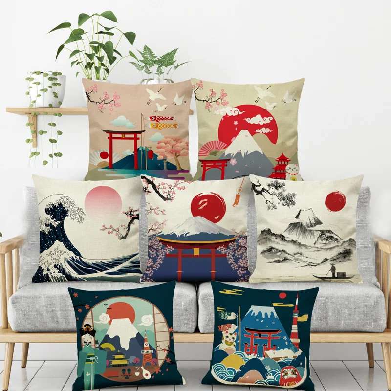 Mount Fuji National Retro Linen Sofa Cushion Cryp