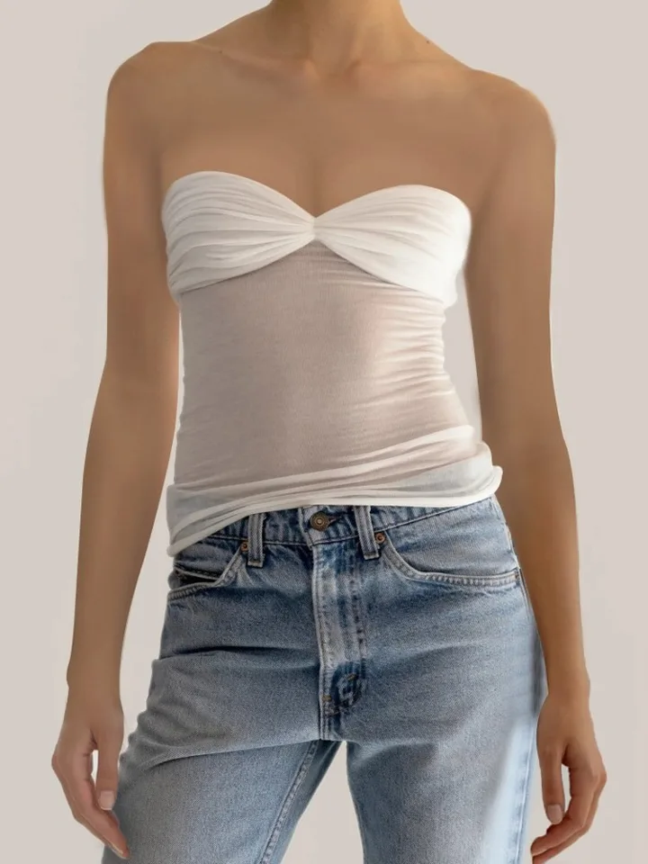 Mozisia Pozrite sa cez sieťové ramienok bez ramienok Top ženy bustier off-rached bez rukávov Touch Tops Tops Dámy Sexy pletené orezané top