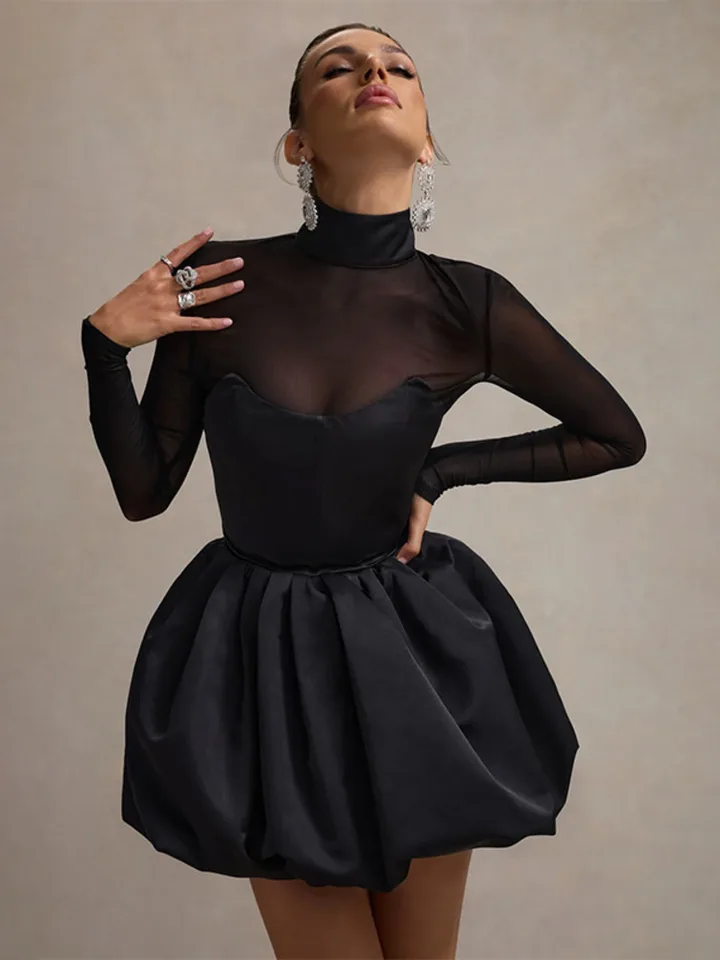 MOZISION TORTLENECK Číry dlhý rukáv Sexy mini šaty pre ženy čierne Pozrite sa cez vysoký pás A-line Club Party Dress Elegantné