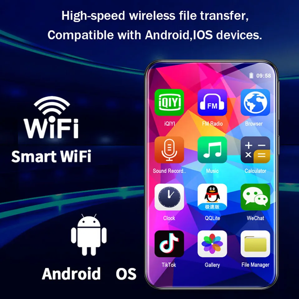 MP3 MP4 Lossless Music Player Walkman Full Touch Screen WiFi 2-Wi-Wi-Wi-Wi-Wi-Wi-Wi-Wi-Conting Bluetooth 5.0 Android 8.1 Vstavaný reproduktor/FM Radio/Nahrávanie