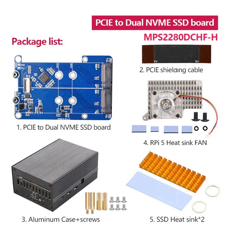 MPS2280D pre Raspberry Pi 5 PCIe až M.2 Dual NVME SSD Hat+Case+SSD Heat Wink/PI5 Podpora ventilátora 2280/2242/2230 SSD PCB