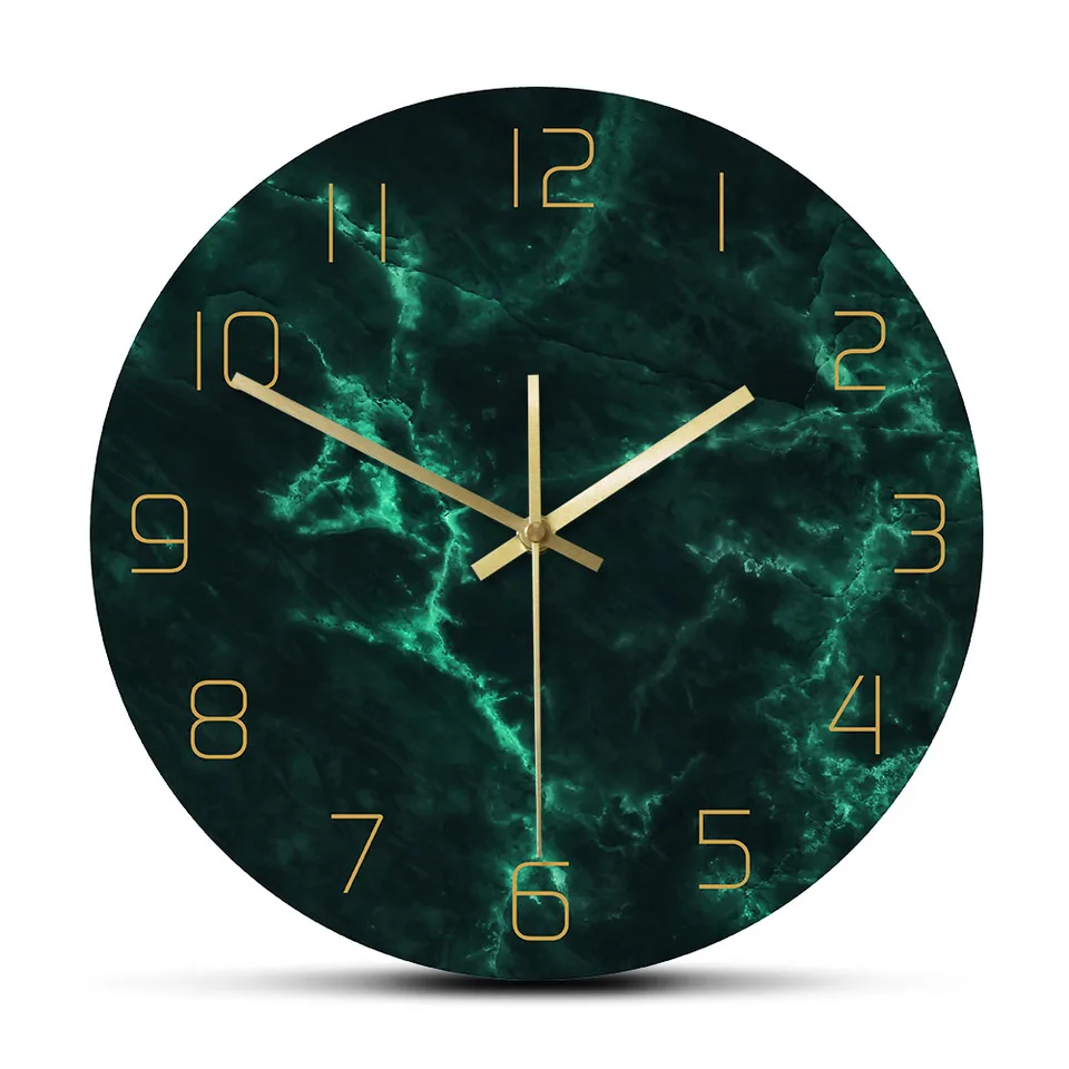Mramorový vzor zelený Nordic Wall Clock Obývacia izba dekoratívne hodiny minimalistické umenie domáci dekor kreatívne okrúhle tlačové nástenné hodiny