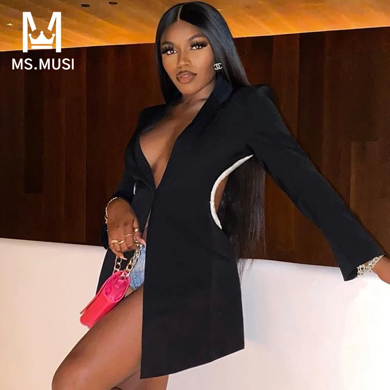 MSMUSI 2025 Nové módne ženy sexy klošné krištáľové reťazce flitry s dlhým rukávom Bodycon Party Club podujatie Blazer Mini šaty