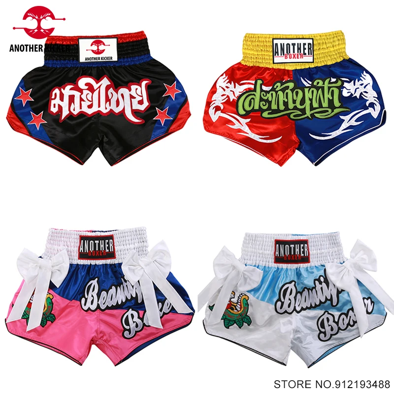 Muay thajské nohavice Ženy Muži Dieťa Krátky kickbox saténové polyesterové výšivky bojové umenia zápasia s klietkami bojové kick boxerské šortky