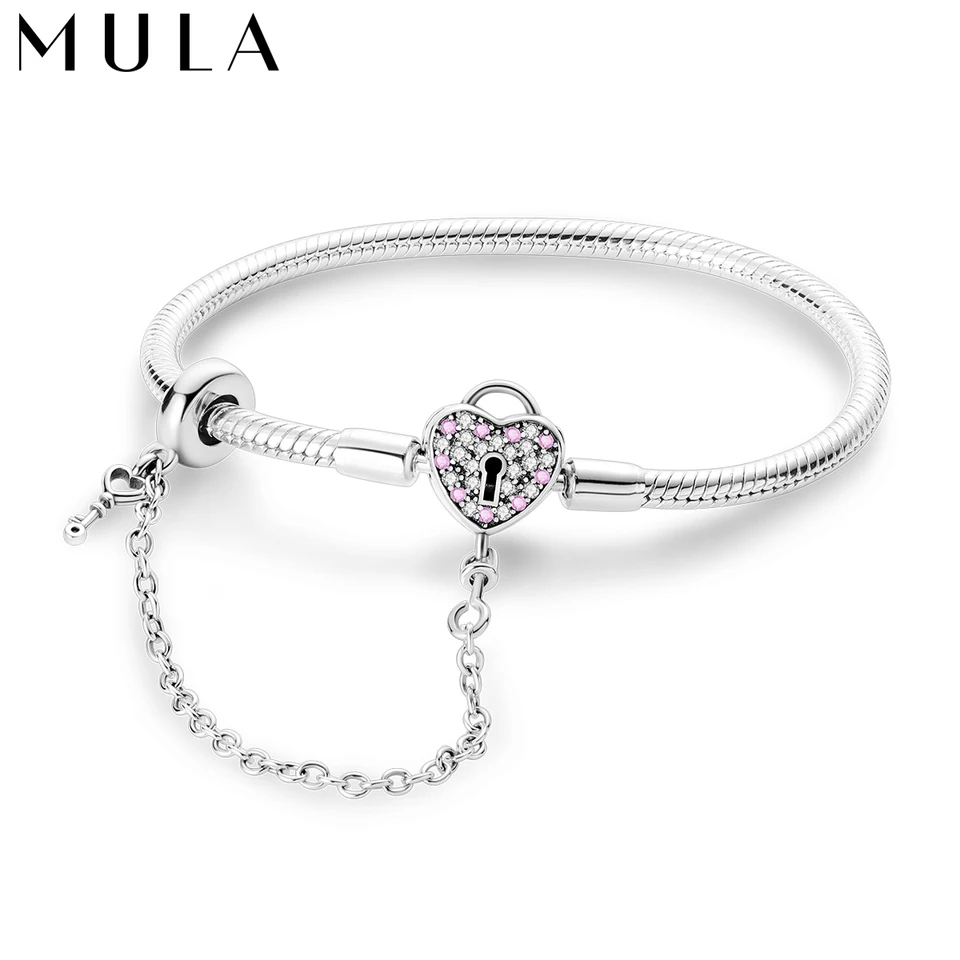 Mula 1pc Key and Heart -Shape Lock Safetychain spona s hadom reťaz striebrom Striehané kúzlo náramok Fit kúzla korálky Diy šperky darček
