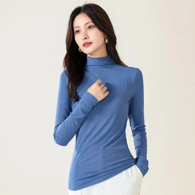 Mulberry hodvábny rebrovaný s dlhým rukávom Slim Fit Solid Tričko pre dámske dámske dám