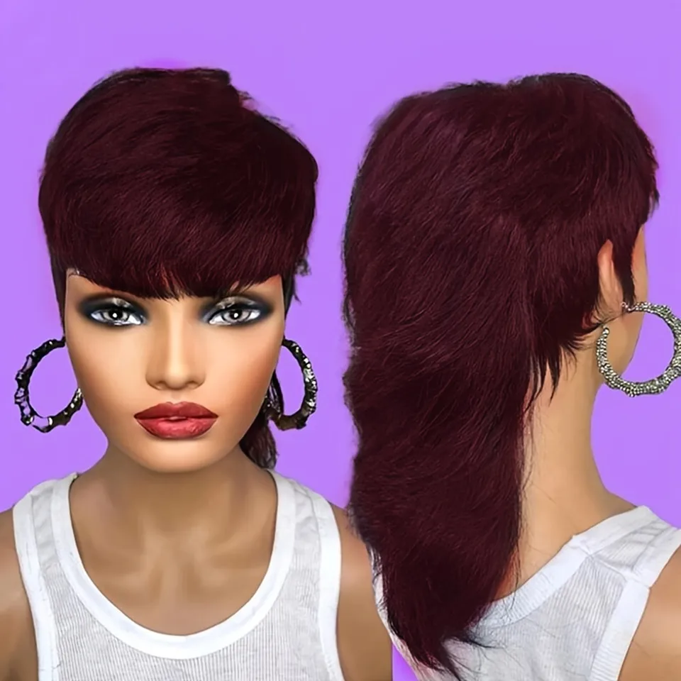 Mullet 12inch Machine vyrobený 99j farbu denného večierku Cosplay Používajte remy parochňu 150% hustotu pixie strih krátke priame ľudské vlasy parochňa