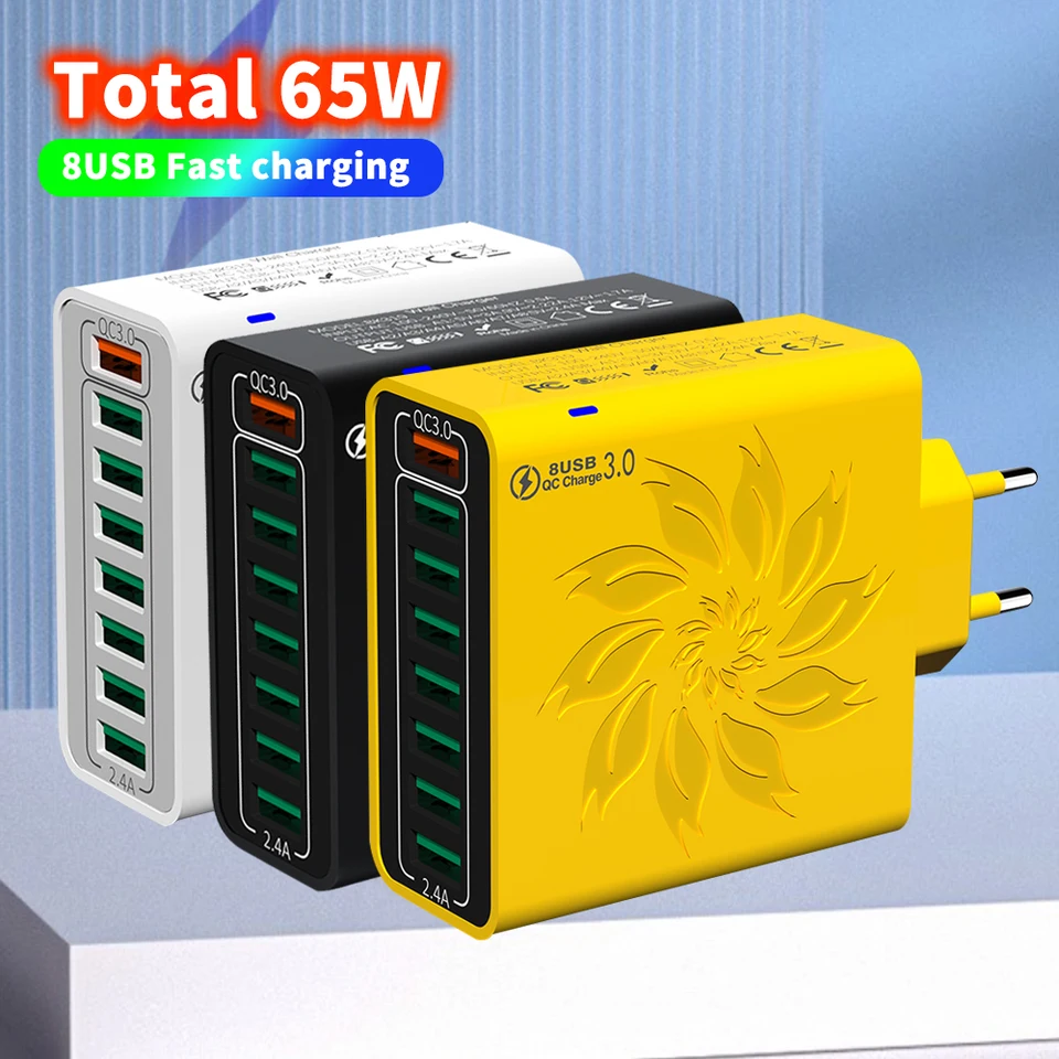 Multi ports USB nabíjačka celkom 65W rýchleho poplatku 3.0 EÚ/US Plug Wall Charger pre iPhone Samsung Xiaomi 8 portov rýchla nabíjačka telefónu