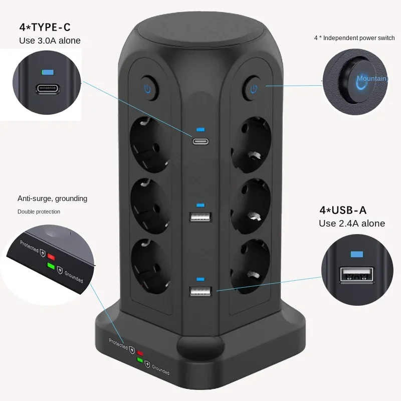 Multifunkčná elektronická zástrčka EÚ Trojvrstvová veža s dvoma type-C 2M predlžovacia káblová veža USB Socket Home Office Sub-Control