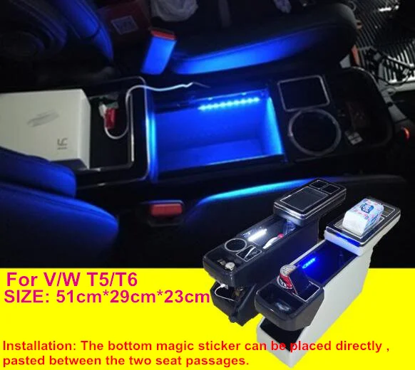Multifunkčná skrinka na konzolu pre autá, úložný box lakťového lakťového lakťa s USB, svetlo atmosféry pre Volkswagen MPV Multivan T5/Caravelle T6