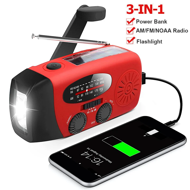 Multifunkčné AM/FM/NOAA Prenosné rádio prenosné rádio pre ručné rádio Radio Power Bank Solar Solar nabíjanie s LED baterkou