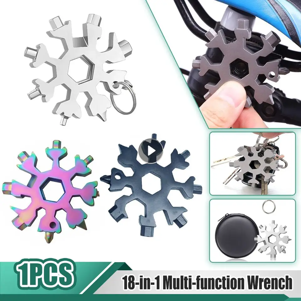 Multifunkčný 18 v 1 Snowflake Spanner z nehrdzavejúcej ocele Multi vreckový nástroj Klávesový kľúče prsteň Spanner Hex Hex kľúčové nástroje