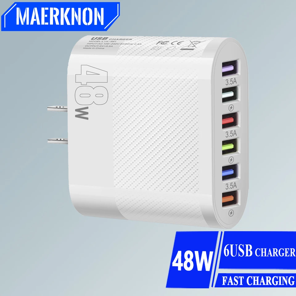 Muti 6 Ports USB Charger 48W USB Rýchle nabíjanie mobilného mobilného mobilného telefónu Vysokorýchlostný rýchly nabíjanie steny adaptér pre Huawei Xiaomi Samsung