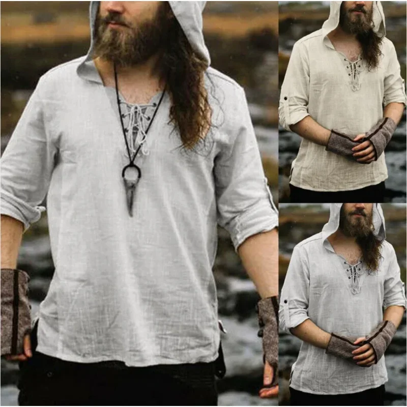 Muž retro stredovekého pirátskeho cosplay košeľa vintage casual samec s kapucňou rytier