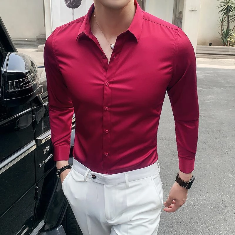 Muž Tops Business Red Formal Plain a blúzky pre mužov s dlhým rukávom Vysoko kvalitný luxusný dizajnér vintage bavlnené odevy s