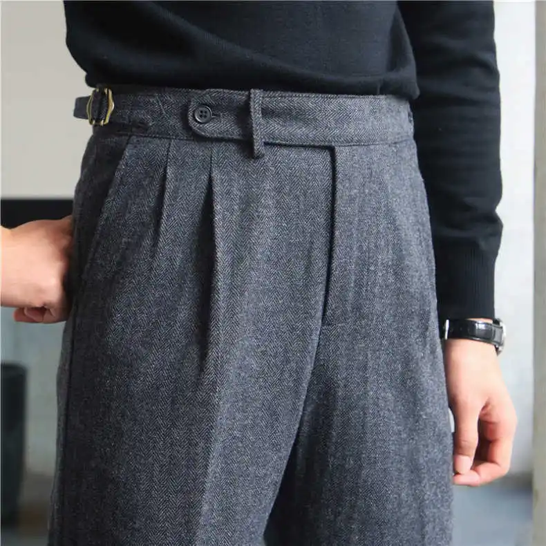 Muži 2025 Jeseň Zimná móda retro uvoľnené vlnené teplé nohavice Muž High Pants Pants Pánske vrecká Rodenie nohavíc U218