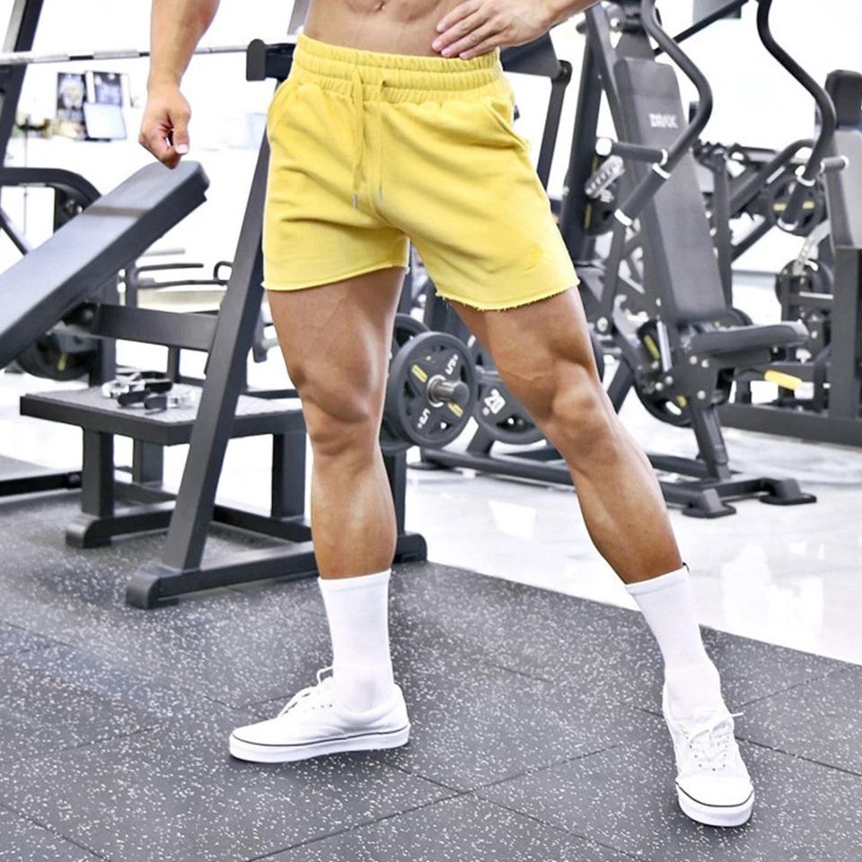Muži bavlnené športové bežecké šortky žlté telesné kulturistické tepláky z fitnes krátke bežec