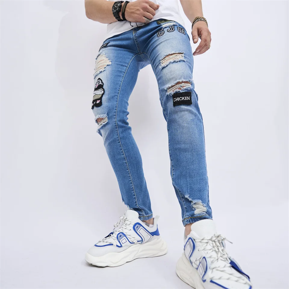 Muži hiphopové diery zúfalé vyšívacie dizajn Skinny džínsy Mužské diery Slim Stretch ceruzka džínsové nohavice