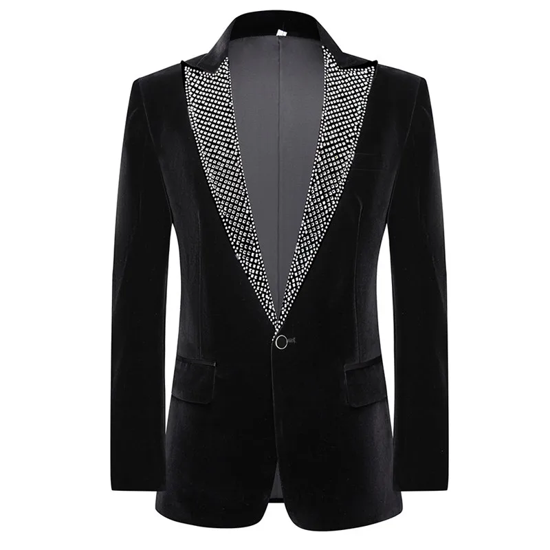 Muži kamienky svadobný oblek bunda Čierny zamat Tuxedo Prom Concert Banquet Party Singer Singer Singer Host Slim Fit Blazer
