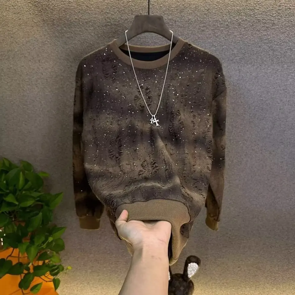 Muži kvalita kvality technowear patch stich stich s dlhým rukávom Flitrové tričká Jeseň New Mens o goliere s roztrhanými otvormi tričky Tops camisetas