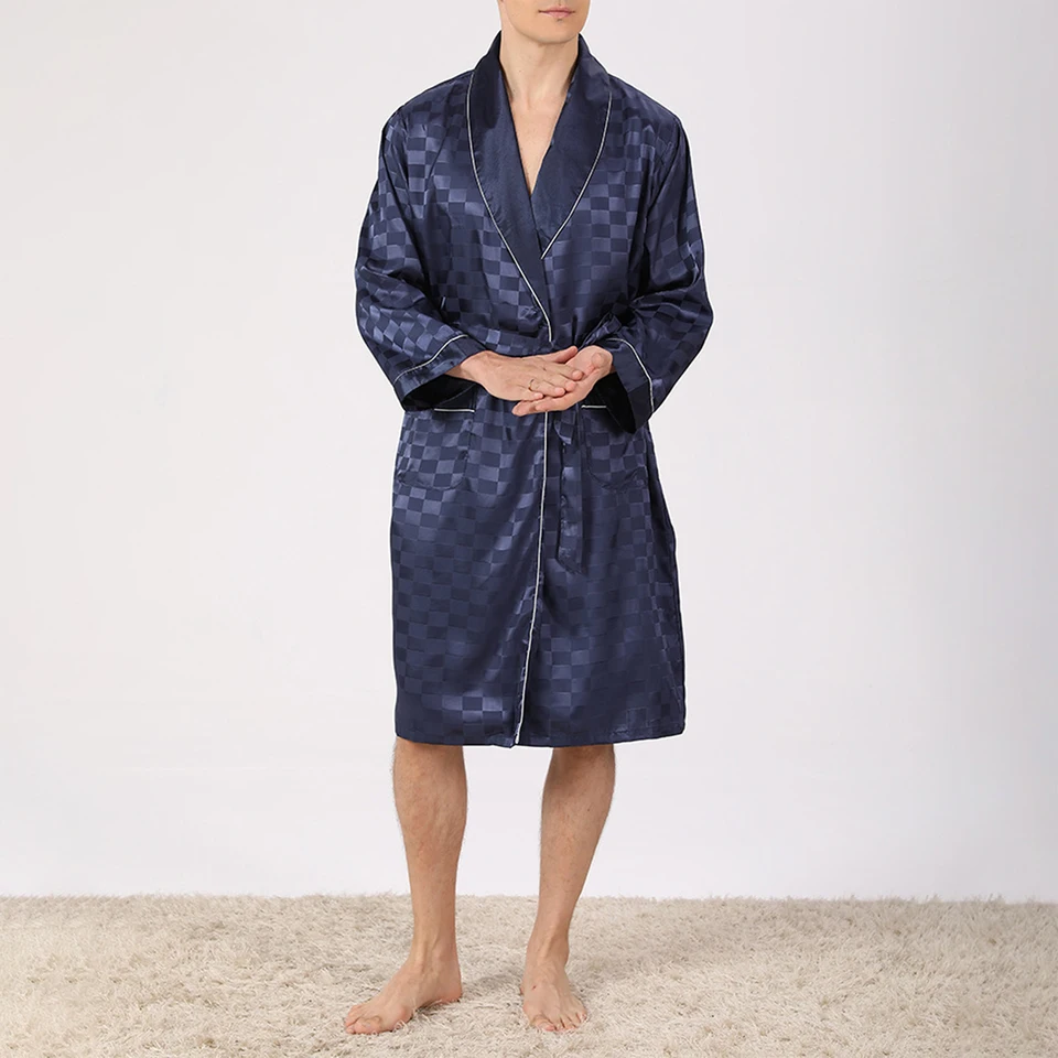 Muži letné župany súprava Plaid Jacquard s dlhým rukávom kúpele kimono rúcho s opaskom a šortkami na mäkké pyžamové oblečenie