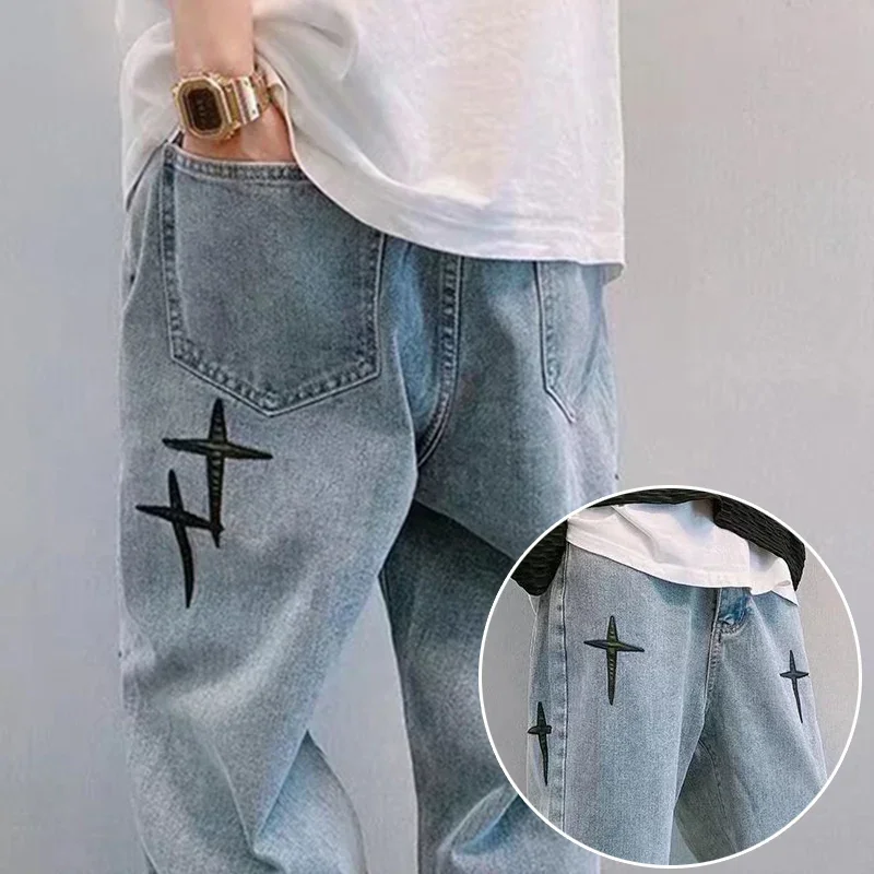 Muži módne široké nohy streetwear džínsové nohavice Trendy Značka Hot Predaj modré nohavice Cross Star Sticker Design Design Design Muž