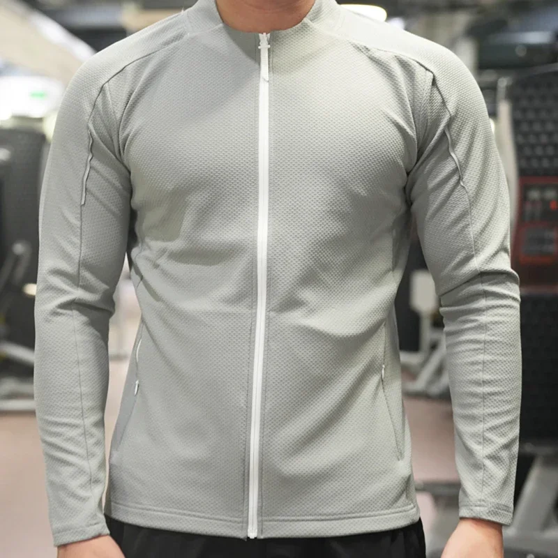 Muži nová fitness bunda na zipsový sveter natiahnite priedušné vonkajšie golfové vrcholy jogging športy s dlhým rukávom svalové fit košele kostým