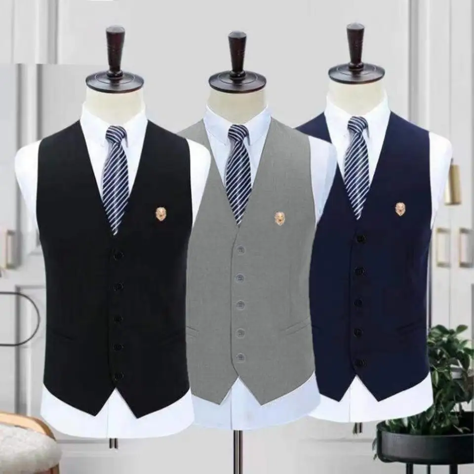 Muži oblek Slim Fit Slid Color bez rukávov v krku s jednou dojčenou vestou s brošňou obchodné svadobné šaty