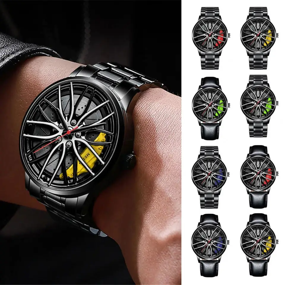 Muži Quartz Watch Round Hidden Clasp Chronograph s automobilovým okrajom Rim Dizajn