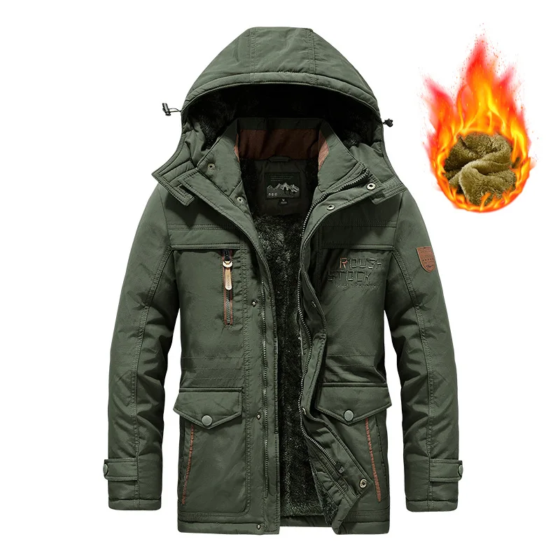 Muži s kapucňou dlhé zimné bundy Multi vreckety teplé parky fleece dole bundy nové móda Muž Outdoor Tooling