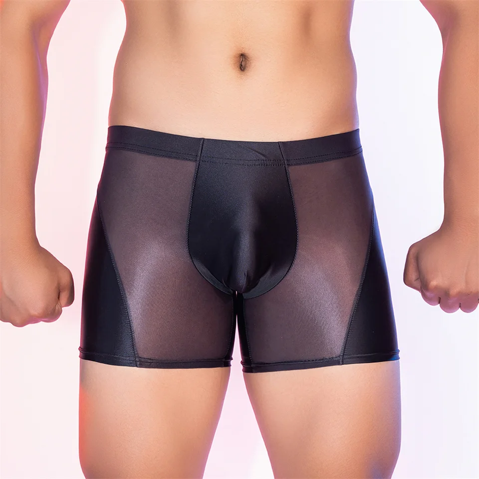 Muži sexy boxer briefs olej lesklé číre spodné prádlo u konvexné vreckové nohavičky s nízkym pásom natiahnite mužské boxery erotické