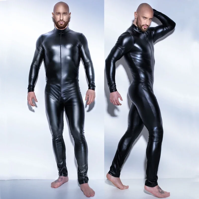 Muži sexy mokré faux kožené latexové latexové kapsuty BodySuit Hot Erotic Lingerie Zentai Gay Wear Wear Pvc Costy Open Crotch Clubwear AO771