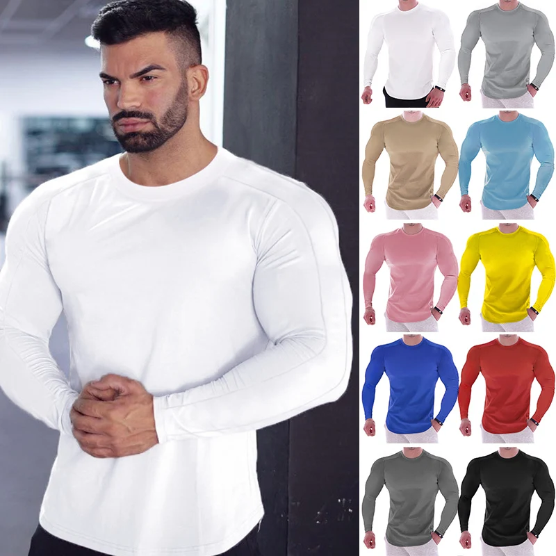 Muži Skinny s dlhým rukávom tričko Spring neformálne módne tlač Tričko Mužská telocvičňa Fitness Čierne odpalisko Topy rýchle suché odevy