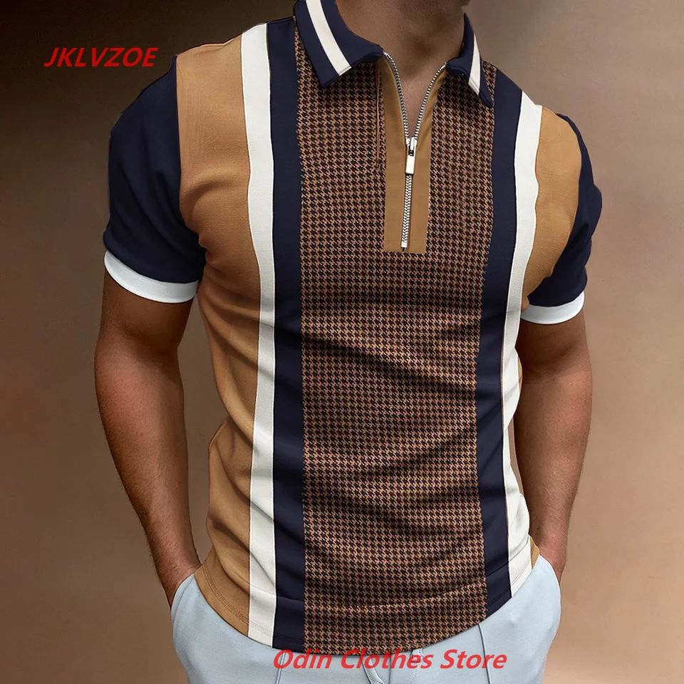 Muži Streetwear Luxusné módne neformálne tričko s krátkym rukávom Men Polos Tops Tops letné pánske zipsové pólové košeľu pruhované pólové košele odpaliská