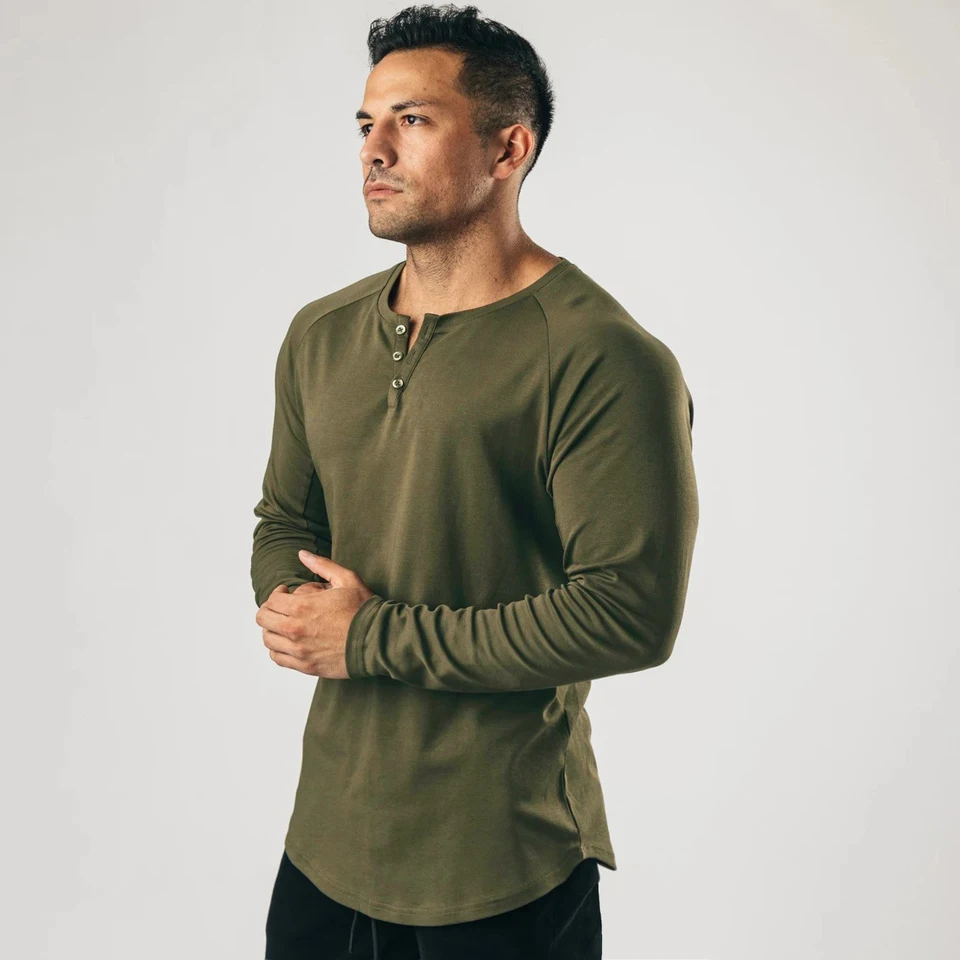 Muži svalové tričko s dlhým rukávom Tričko Solid Vintage Henley Tirls Sports Fitness Príležitostné bavlnené natiahnutie tenké V-krčie