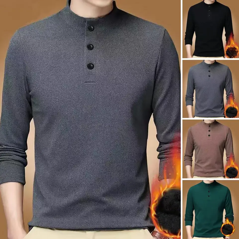 Muži Tričko Mastá farba s dlhým rukávom Stojan Basic Top Top Autumn Winter Loose Plys Plush Stredný vek na denné opotrebenie
