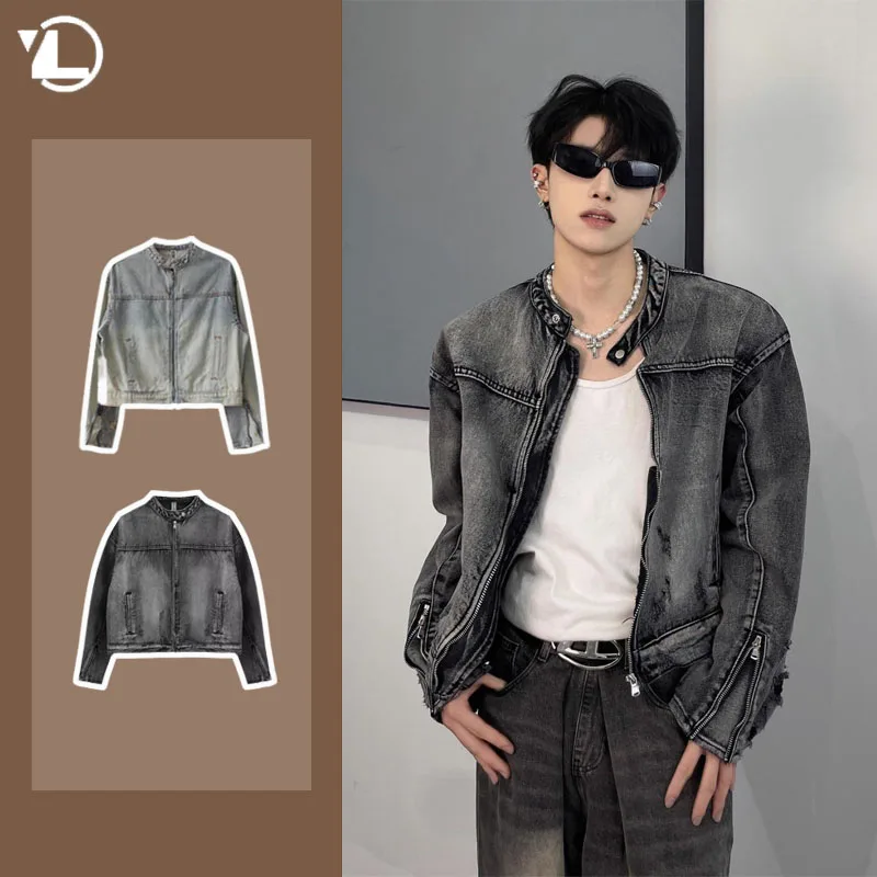 Muži umyli krátke denimové bundy American Vintage Casy Loose Zipper Pánske pánske kabáty pár Street Trend Trend Cowboy Outwear 2024 Nový