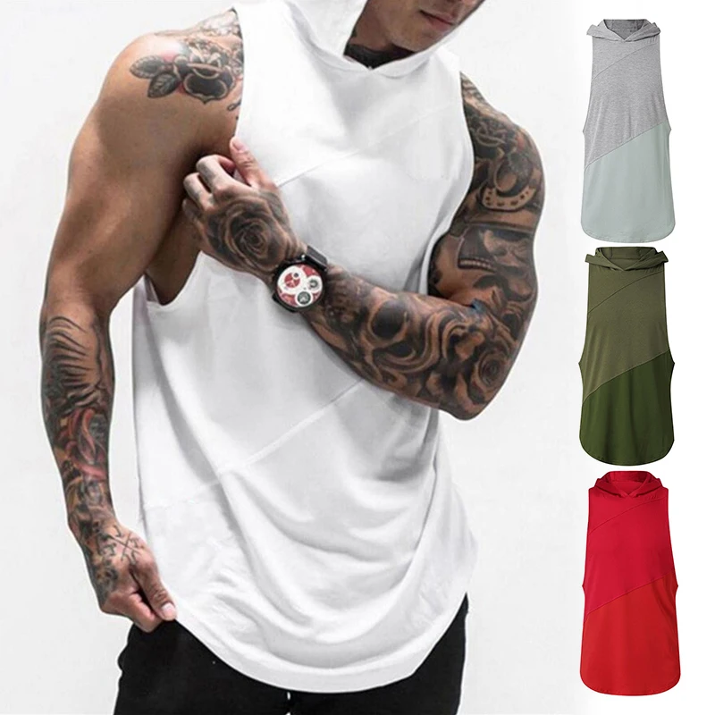 Muži uvoľnené športové kapucňové vesty bavlna bežiace rukávske tričko s rýchlym suchým fitness singlet kulturista telocvičňa tank Top Man Sportswear