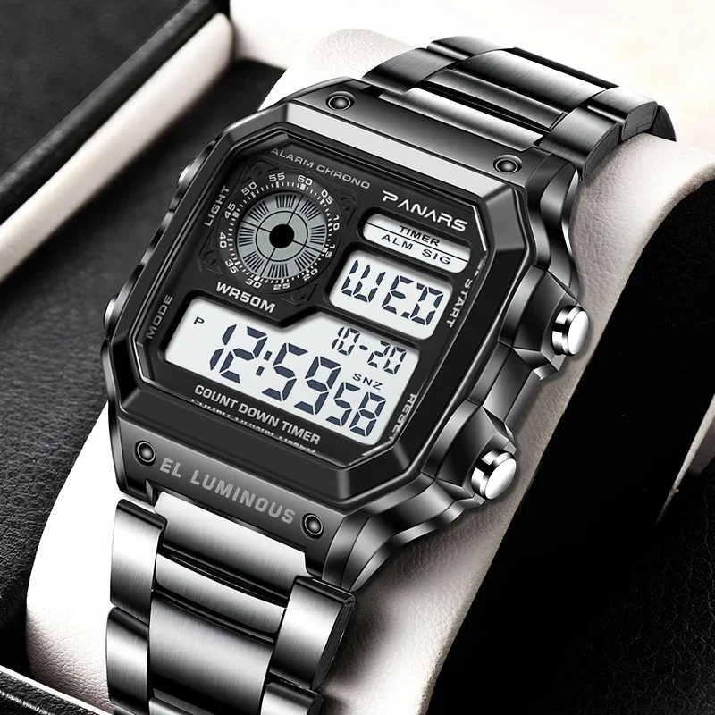 Muži Vojenské športové zápästie Hodinky z nehrdzavejúcej ocele 5bar Waterproof Watches Pánske digitálne štvorcové obrazovky relogio maskulino