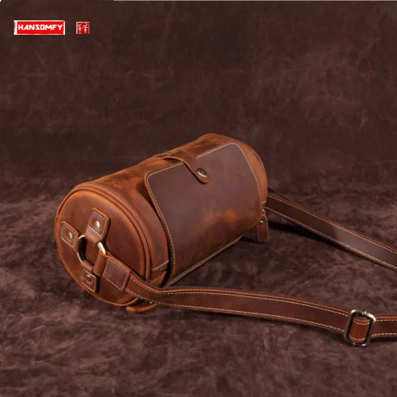 Muži vrecká na vedro Tide Retro Messenger Bag Cylinder Men ležérne ramenné kabelky Crazy Horse Leather vintage mäkké všestranné